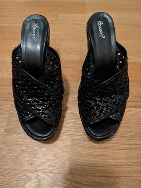 Rocco P. Black Woven Cross Strap Platform Heeled Sandals
